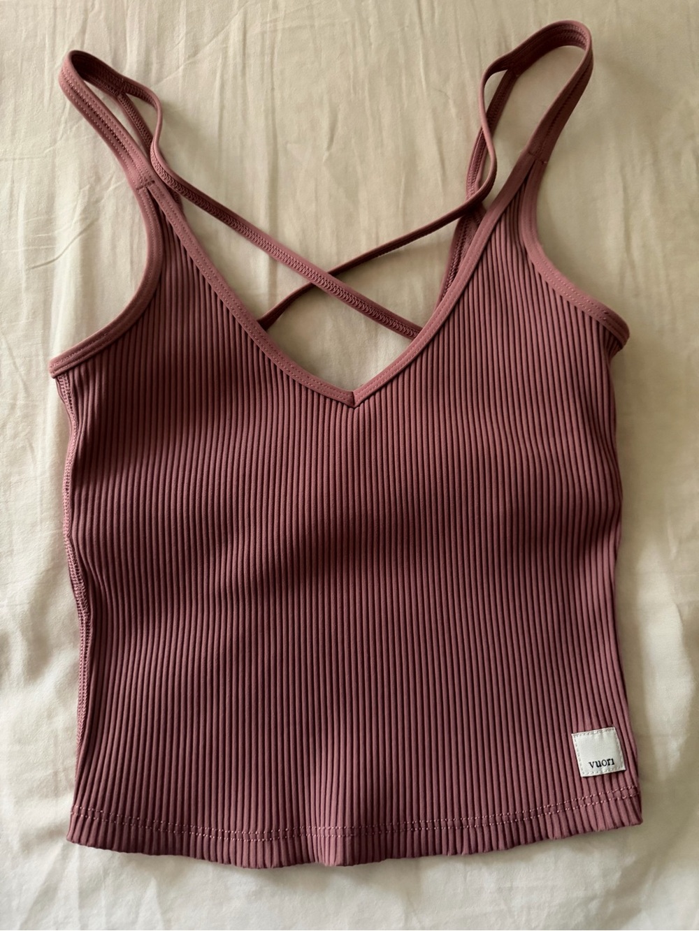Vuori Ribbed Mauve Cropped Tank with Crisscross Back